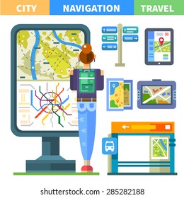 Navigating the city. Public transport: Metro and bus, bus stop, signage, map. The girl stands near the city plan. Vector flat illustration