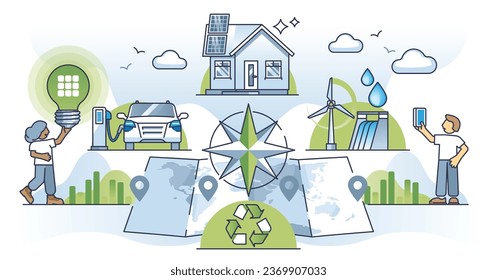 Navegar por la transición verde y el cambio al concepto de contorno de energía verde. Un futuro sostenible y respetuoso con la naturaleza con el consumo de recursos reciclables y la electrificación moderna de vectores