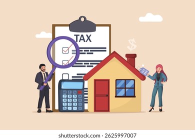 Navigating Home Taxes and Finances Two Professionals Reviewing Tax Documents and Calculations Related to Real Estate Ownership.