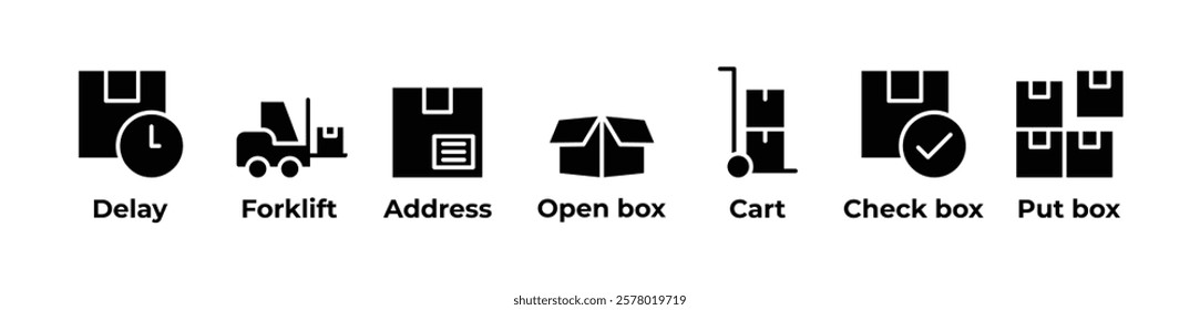 Navigating the Logistics Chain  Icons set vector illustration with Delay, Forklift, Address, Open box, Cart, Check box, Put box