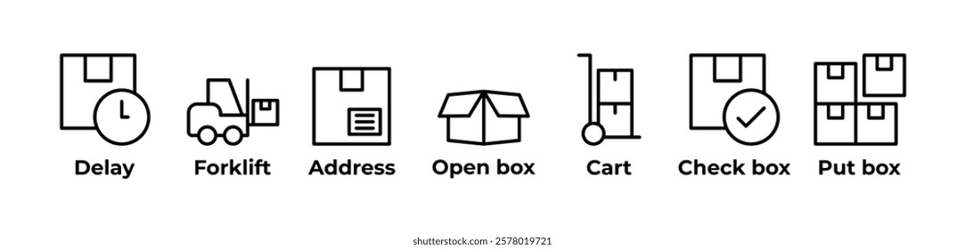 Navigating the Logistics Chain  Icons set vector illustration with Delay, Forklift, Address, Open box, Cart, Check box, Put box