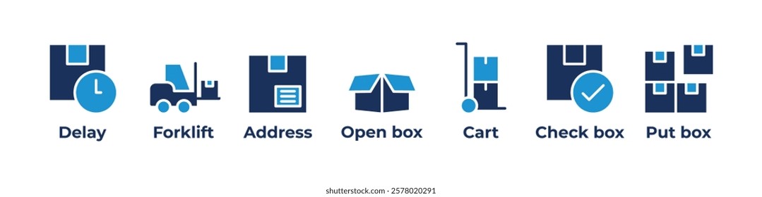 Navigating the Logistics Chain  Icons set vector illustration with Delay, Forklift, Address, Open box, Cart, Check box, Put box