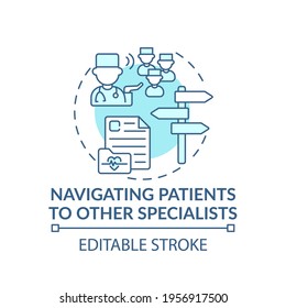 Navigating patients to other specialists blue concept icon. General practitioner. Family doctor idea thin line illustration. Vector isolated outline RGB color drawing. Editable stroke