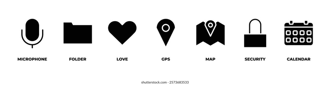 Navigating Securely Through Time  icons set vector illustration with microphone, folder, love, gps, map, security, calendar