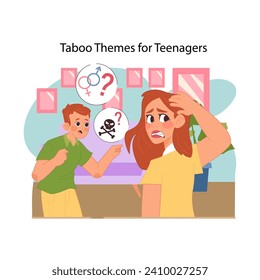 Navigating sensitive topics concept. Embarrassed mother and teenager engage in challenging conversation, addressing complex issues with care. Understanding adolescence. Flat vector illustration