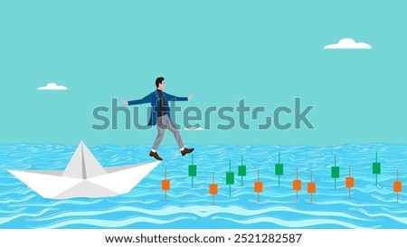 navigating stock market volatility, identify stock market or cryptocurrency market risks, Financial investment volatility, businessman investor walks carefully past lifebuoy from investment bar chart