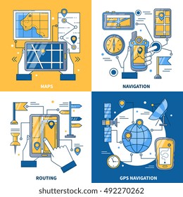 Navigation 2x2 design concept with global positioning system and maps app for smartphone and mobile flat vector illustration