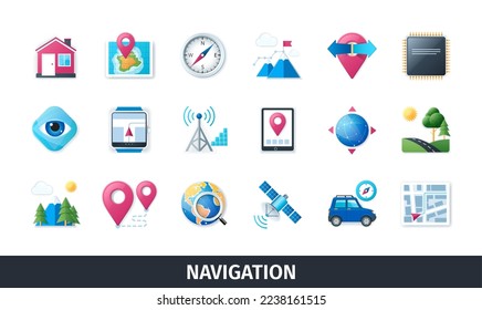 Navigation 3d vector icon set. Technology, map, house, route, compass, navigator, destination, pointer, satellite. Realistic objects in 3D style