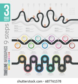 Navigation 9 Steps Timeline Infographic Concepts. 3 Winding Roads. Vector Illustrations Set