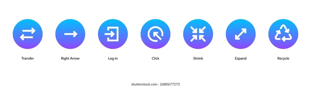 Ações de navegação ícone do banner da Web ilustração vetorial com Transferir, Seta para a direita, Efetuar login, Clicar, Reduzir, Expandir e Reciclar.