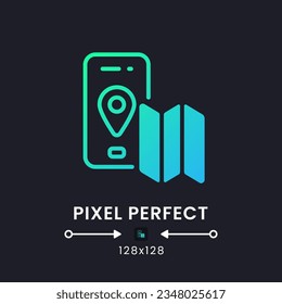 Navigation app blue solid gradient desktop icon on black. Offline map. Driving directions. Route planning. Pixel perfect 128x128, outline 4px. Glyph pictogram for dark mode. Isolated vector image