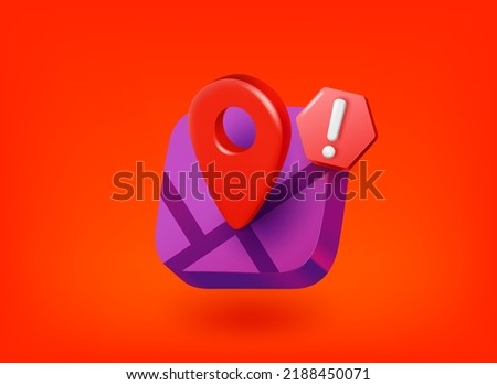 Navigation app icon with exclamation point pictogram. Vector 3d illustration