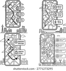 Navigation App Interface Line Icon Set Maps Transport Delivery Smart City Conce