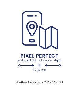 Navigation app linear desktop icon. Offline map. Driving directions. Route planning. Pixel perfect 128x128, outline 4px. GUI, UX design. Isolated user interface element for website. Editable stroke