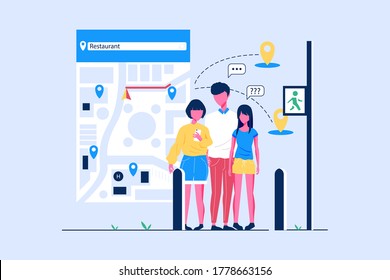 Aplicación de navegación con mapa y pin de ubicación. Concepto de seguimiento de aplicaciones móviles. La gente chatea y explora la ruta usando smartphones. ilustración.