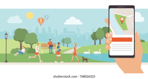 Navigation app with map and location pin, urban park with people relaxing and walking on the background, augmented reality concept