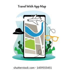 Navigation App With Map, Mobile GPS Route Map Vector Template Design Illustration