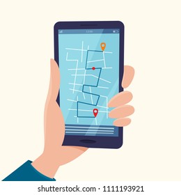 Navigation app with map on mobile phone in hand. Tracking system. Flat cartoon style vector iluustration.