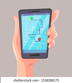 Navigation app with map on mobile phone in hand. Tracking system. Flat cartoon style. Vector illustration.