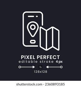 Navigation app white linear desktop icon on black. Offline map. Driving directions. Route planning. Pixel perfect 128x128, outline 4px. Isolated user interface symbol for dark theme. Editable stroke
