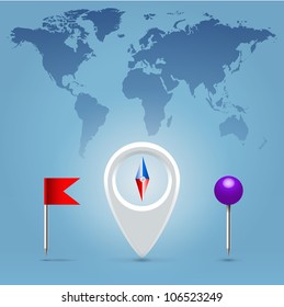 Navigation application compass, pin and flag glossy realistic icon set hanging over blue background
