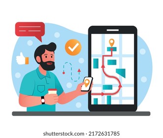 Navigation application concept. Man with smartphone in hands studying map of area, tourist in unfamiliar city. Character builds route. Navigation and geolocation. Cartoon flat vector illustration