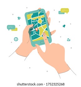 Navigation application flat vector illustration. Hands holding smartphone with GPS system. Urban map and route on cell phone screen. Mobile location technology City travel assistant app