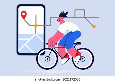 Navigation application with location pin concept. Young person on bicycle riding using smartphone with mobile geolocation application on screen