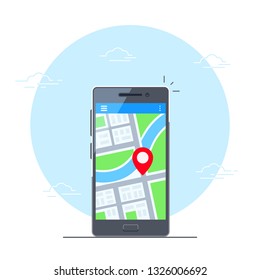 Navigation application on mobile phone. City map with pointer on mobile screen. GPS positioning. Flat style illustration.