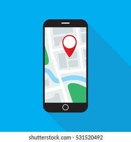 Navigation application on smartphone screen. Map with GPS location mark displayed on cellular phone monitor. Flat style icon. Vector eps8 illustration.