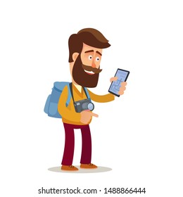 Navigation application on smartphone. Tourist looking for attractions using the phone app. Vector illustration, flat design, cartoon style. Isolated on white background.