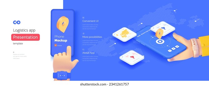 Navigation application template. The hand is holding a smartphone. global navigation system. Geotags on the map. Travel management. Isometric vector illustration isometry 3d style