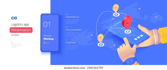 Navigation application template. The hand is holding a smartphone. global navigation system. Geotags on the map. Travel management. Isometric vector illustration isometry 3d style