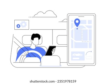 Navigation apps abstract concept vector illustration. Man sitting in a car and using smartphone with navigation app, notification about traffic on the screen, route optimization abstract metaphor.