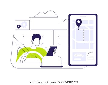 Navigation apps abstract concept vector illustration. Man sitting in a car and using smartphone with navigation app, notification about traffic on the screen, route optimization abstract metaphor.