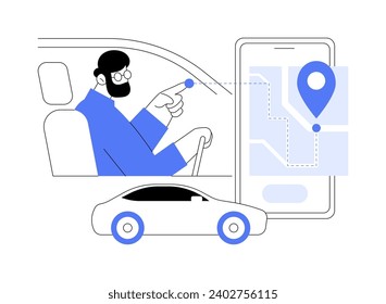 Navigation apps isolated cartoon vector illustrations. Man sitting in a car and using smartphone with navigation app, notification about traffic on the screen, route optimization vector cartoon.