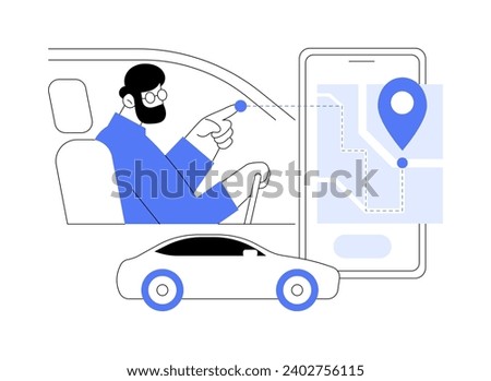 Navigation apps isolated cartoon vector illustrations. Man sitting in a car and using smartphone with navigation app, notification about traffic on the screen, route optimization vector cartoon.