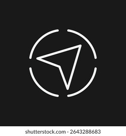 Navigation Arrow or Cursor within a Circle on Black Background, Representing Direction or Location Tracking, White Outline Icon