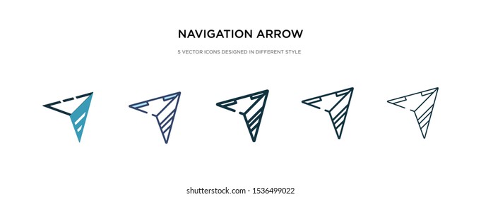 navigation arrow icon in different style vector illustration. two colored and black navigation arrow vector icons designed in filled, outline, line and stroke style can be used for web, mobile, ui