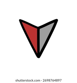 Navigation arrow icon features a stylized design with red and gray halves pointing downwards on a white backdrop representing direction finding and location services for maps.
