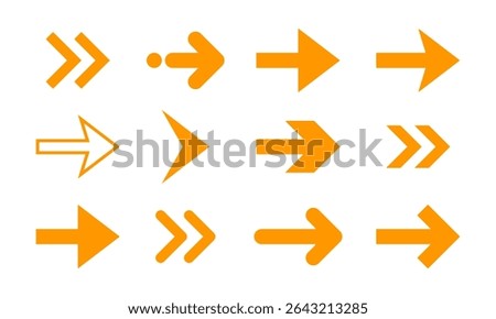 Navigation arrow icon set collection. Flat orange right direction symbol