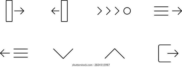 Navigation arrow and interface button icon set with simple black line symbols for web design