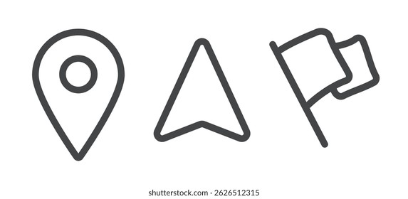 Navigation arrow line stroke icon vector simple, gps map pin pointer thin linear sign symbol, location position finish flag for route image clip art