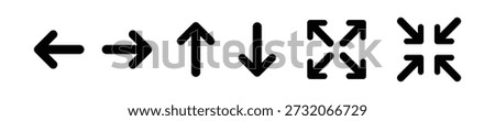 Navigation arrow UI icon set with left right, up down, directions. Arrow sign with expand and collapse symbols for app interface, web dashboard, signboards and software navigation design