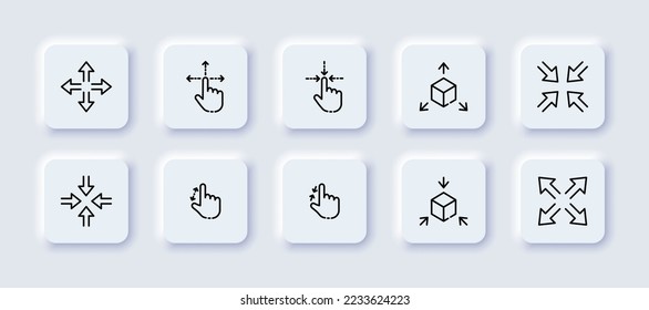 Navigation arrows set icon. Zoom in and out, buttons, control panel, hand, finger, move, cube, three dimensional, 360 degrees, viewing angles. Technology concept. Neomorphism style. Vector line icon