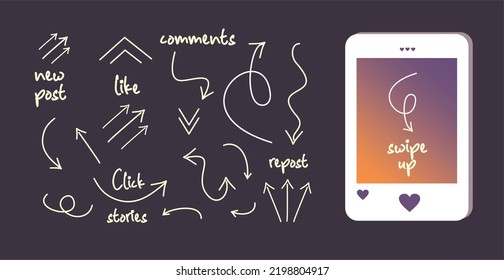 Navigation Arrows For Social Media. A Popular Social Network. Story, Post, Comments, Like,new Post,click On The Link, Repost, Click. Curves And Straight Arrows. A Set For The Internet And Smartphone.
