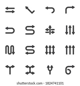 Flechas de navegación conjunto de iconos vectoriales, colección moderna de símbolos sólidos, paquete de pictogramas estilo relleno. Señales, ilustración del logotipo. El conjunto incluye iconos como flecha curvada, giro en U, izquierda derecha, arriba y abajo