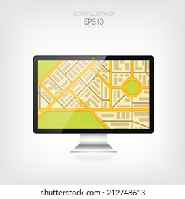 Navigation background with monitor and map.Responsive web design. Adaptive user interface. 