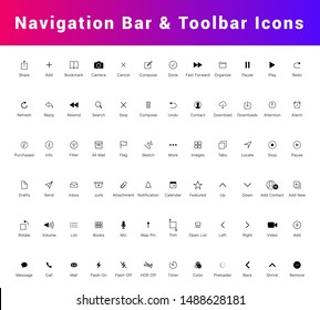 Navigation bar and tab bar icon set. Mobile app UI Kit, Line icons isolated for all mobile platform apps. Flat Mobile Web UI Kit. home, search, internet, delete, contact, alarm, play line icons etc.