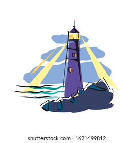 Navigation Beacon building in ocean. Vector illustration.